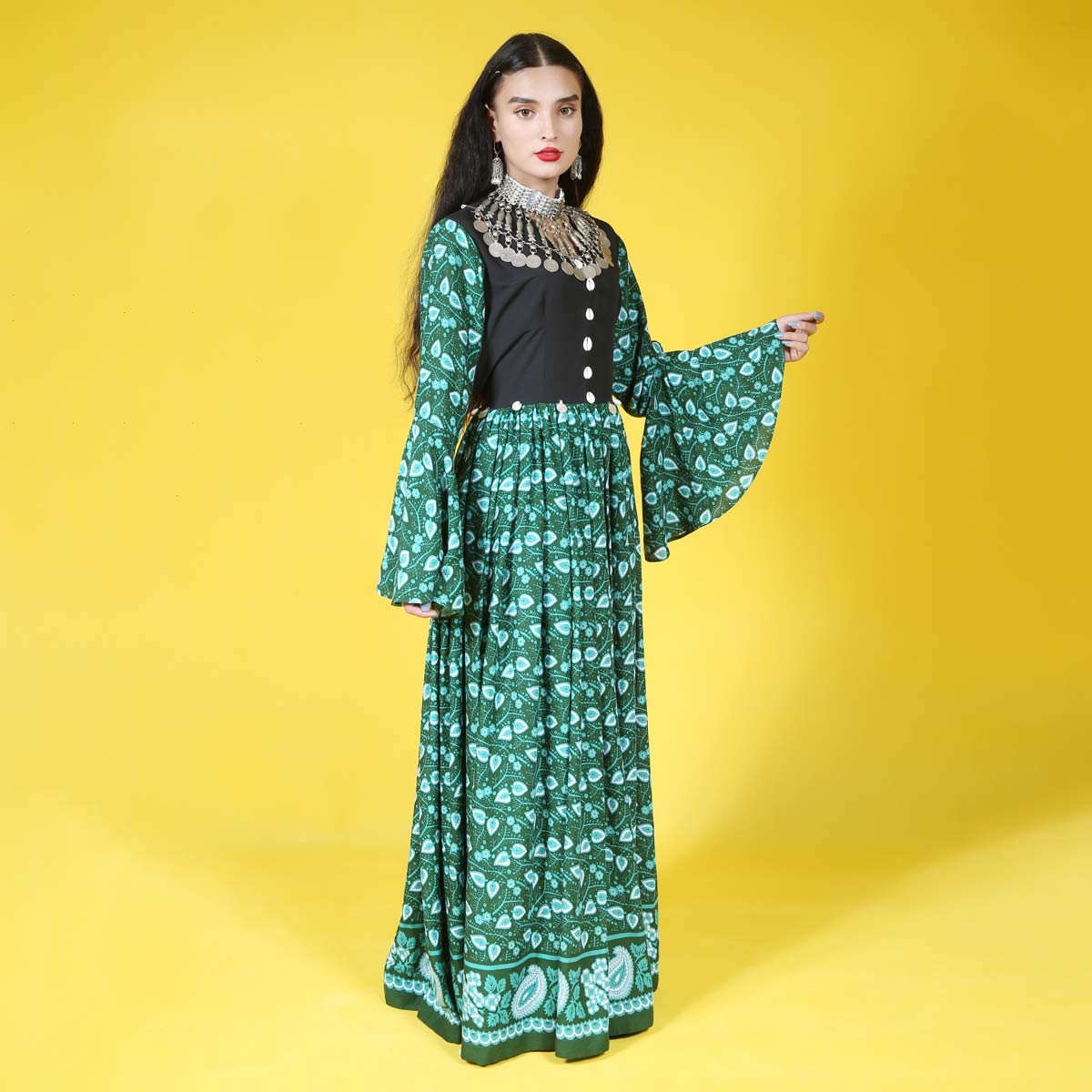 Green Patterned Qamarchin Design Women Long Afghan Dress | Afghani Handmade Clothes Women 3