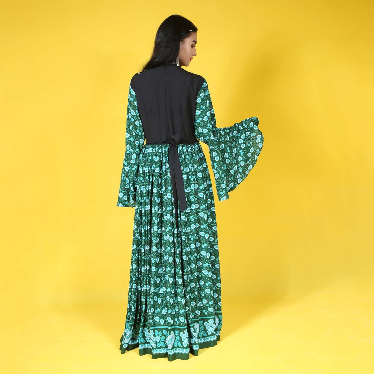 Green Patterned Qamarchin Design Women Long Afghan Dress | Afghani Handmade Clothes Women 4
