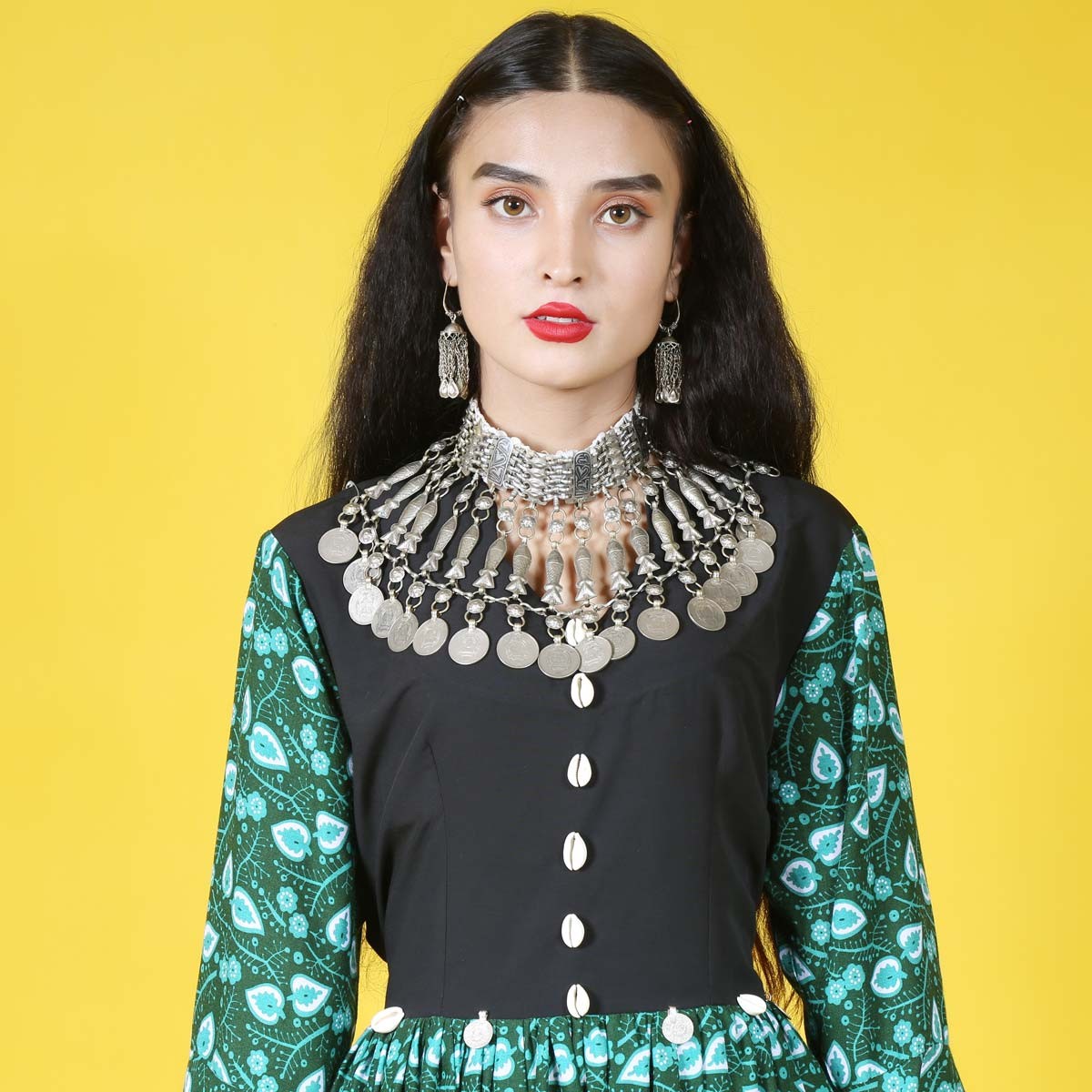 Green Patterned Qamarchin Design Women Long Afghan Dress | Afghani Handmade Clothes Women 5