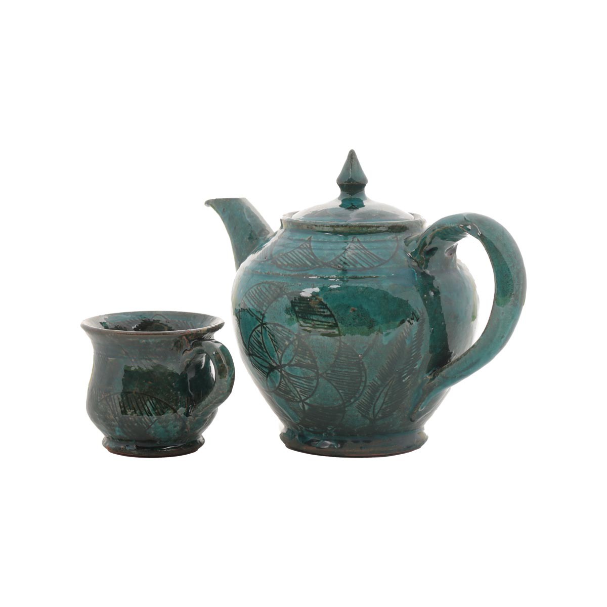 Green Ceramic Combo Set of Teapot & Cup | Floral Hand-Painted Rustic Teapot & Cup Set 1