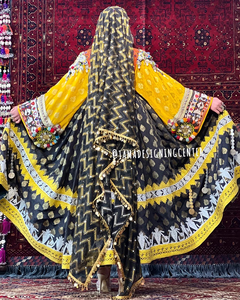 Black Flower Print Embroidered Afghan Bridal Gown | Balloon Sleeve Banarasi Dress 2