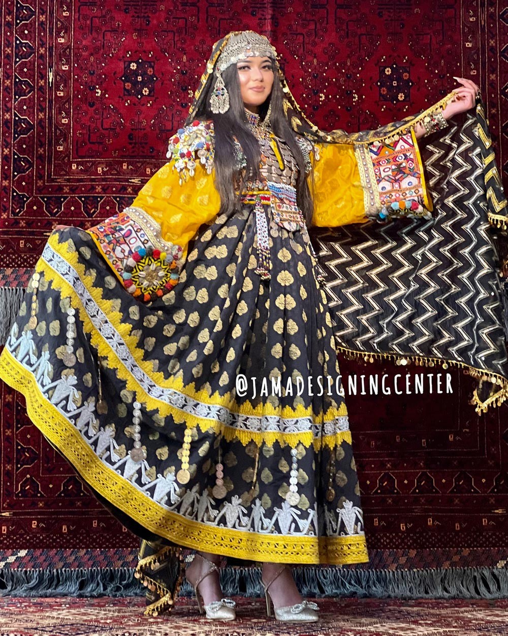 Black Flower Print Embroidered Afghan Bridal Gown | Balloon Sleeve Banarasi Dress 3