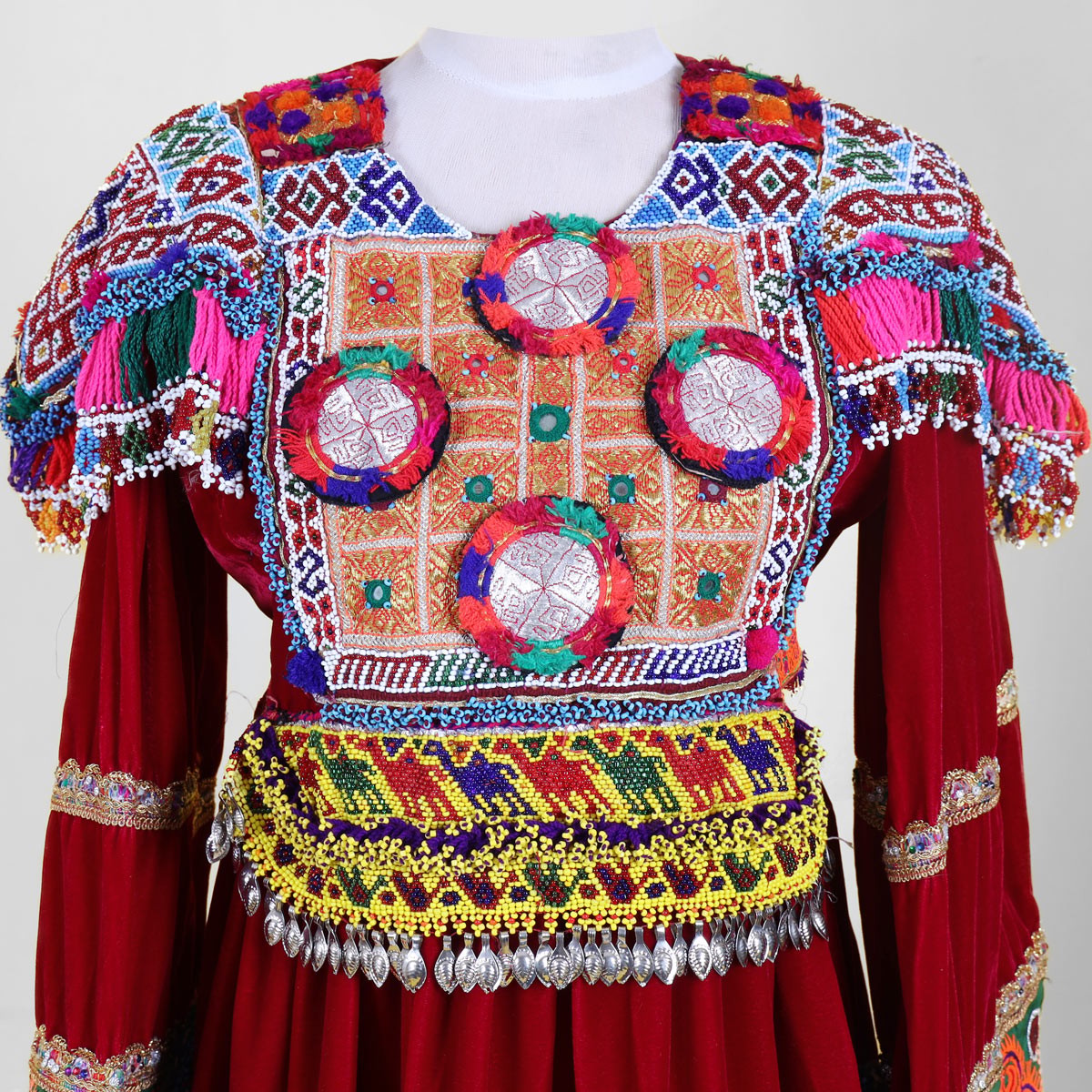 Velvet Gande Afghani | Red Bell Sleeves Embroidered Frock 2