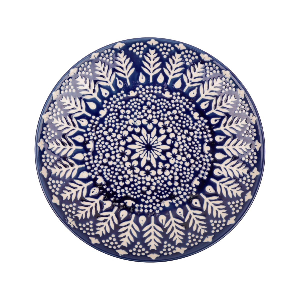 Navy Blue with White Leaf and Floral Designs | Handcrafted Ceramic Plate 1
