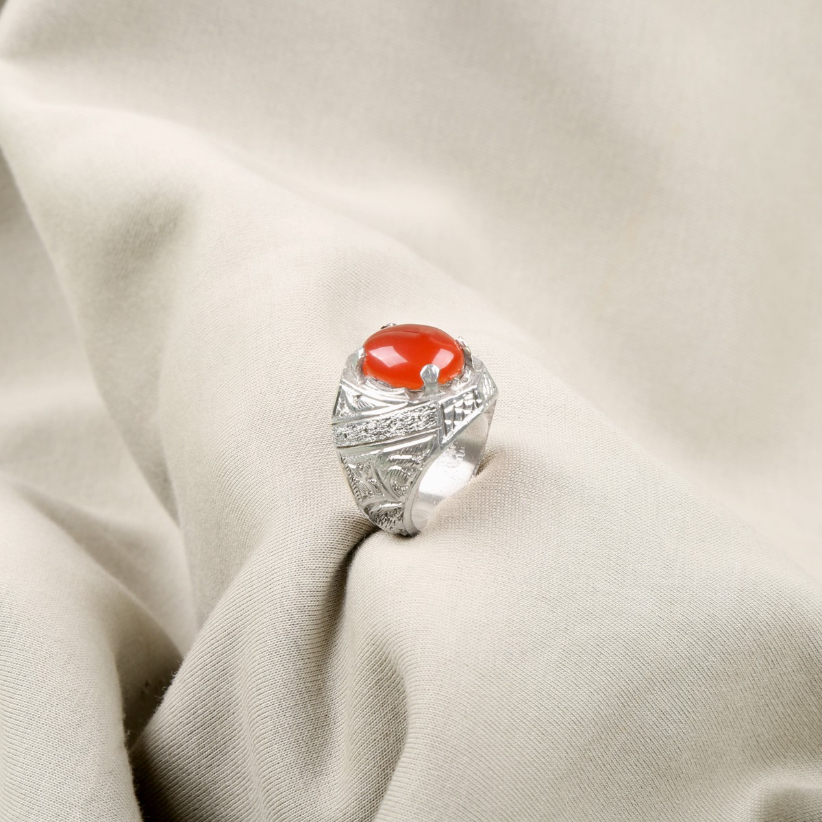 Orange Agate Stone Handmade Ring | Silver Solitaire Engraved Ring  1