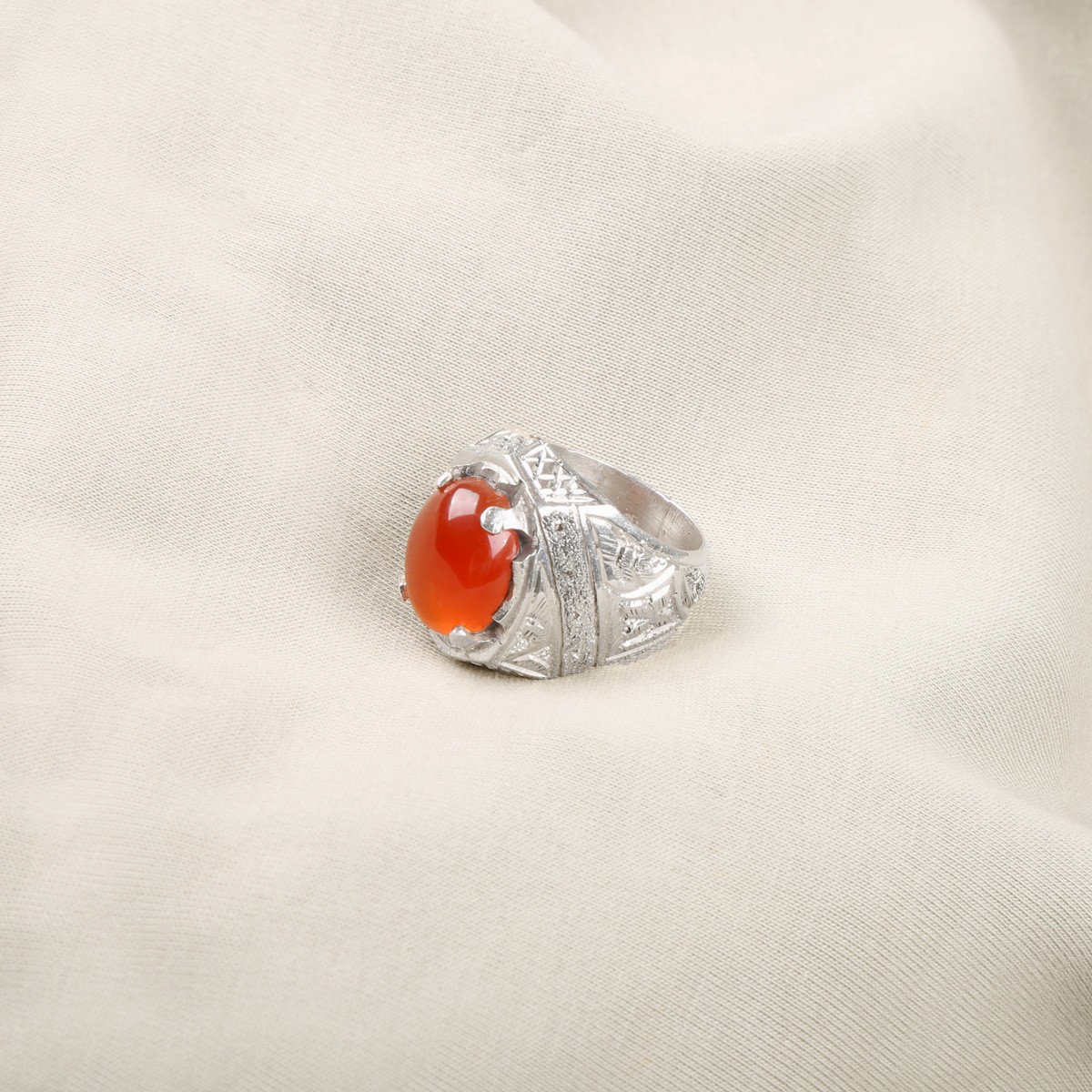 Orange Agate Stone Handmade Ring | Silver Solitaire Engraved Ring  2