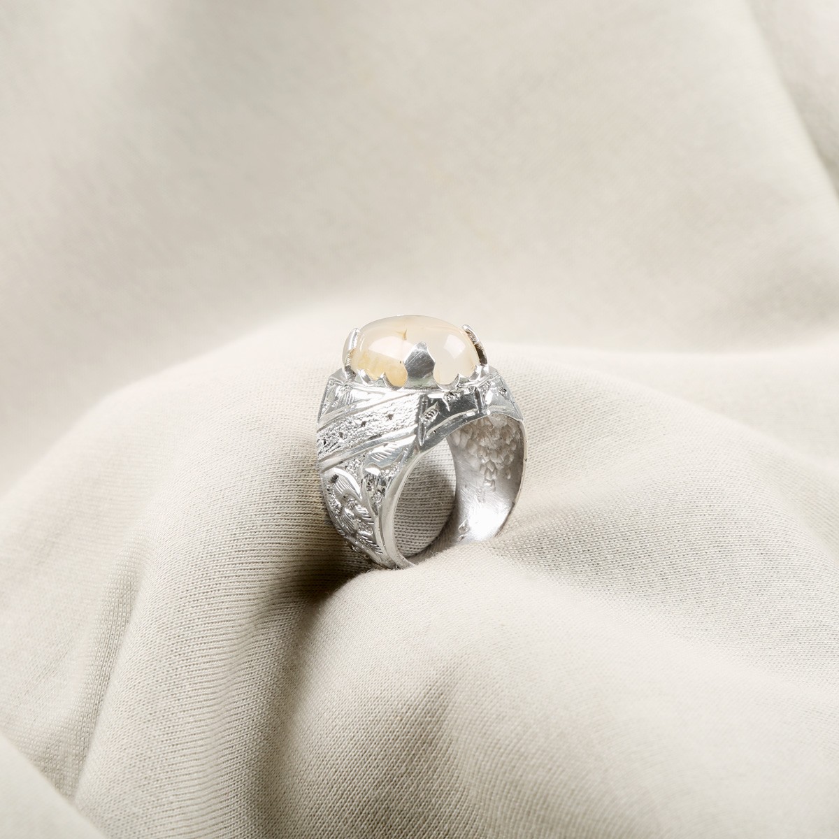 White Agate Handmade Solitaire Ring | Silver Engraved Band Ring 1