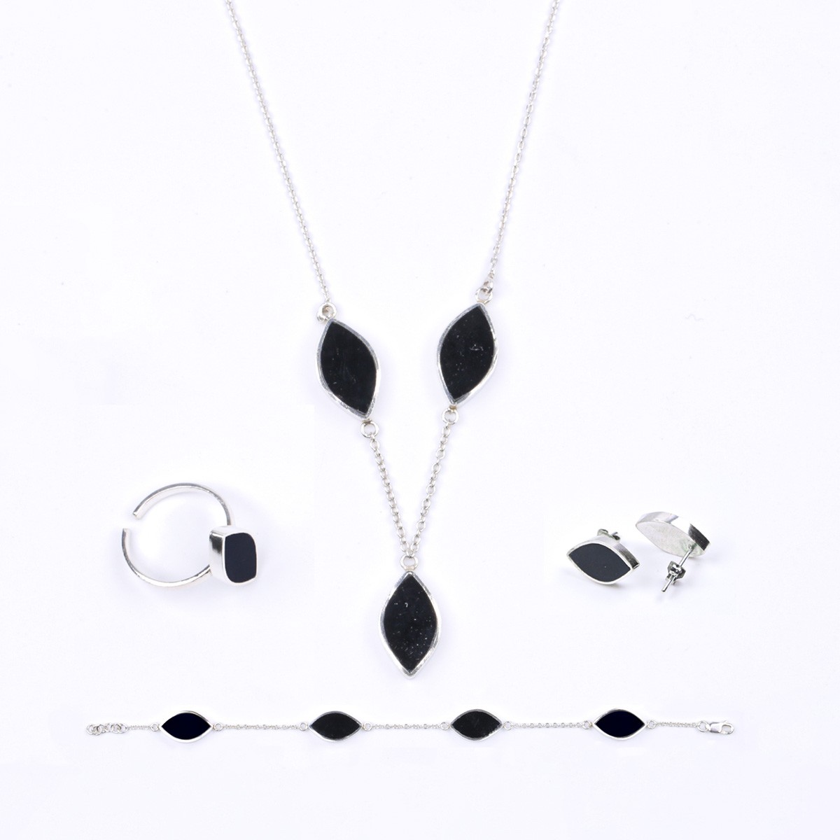 Minimal Agate Jewelry Set | Silver Lariat Necklace, Ring and Studs 1