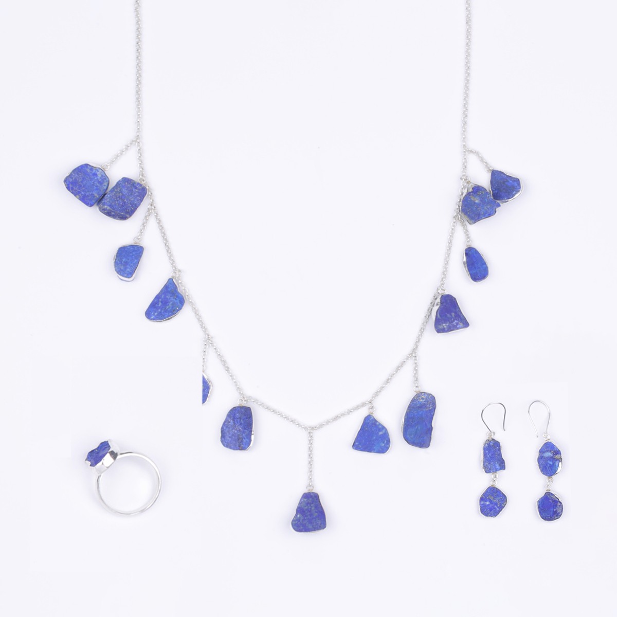 Rough Lapis Jewelry Set | Charm Necklace With Rings and Hook Earrings 1