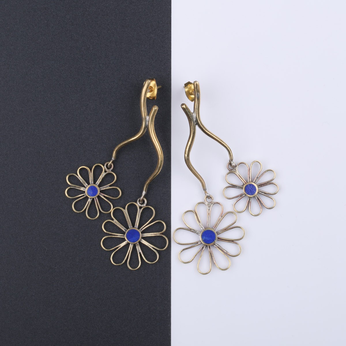 Flower Brass Earrings | Lapis Stone Earrings 1
