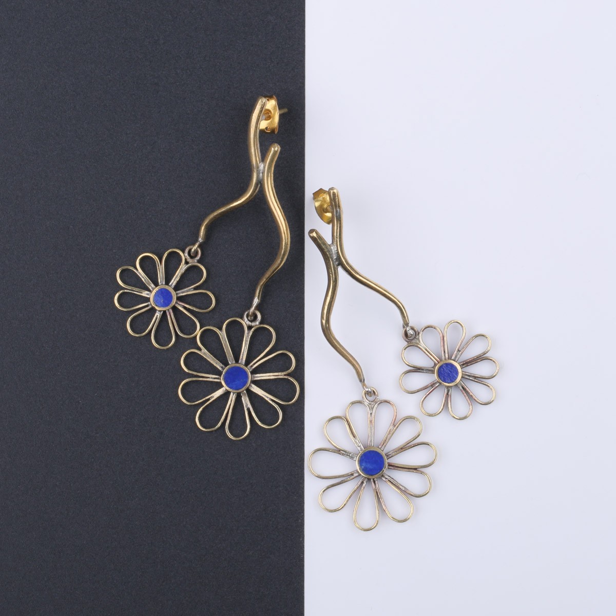 Flower Brass Earrings | Lapis Stone Earrings 2