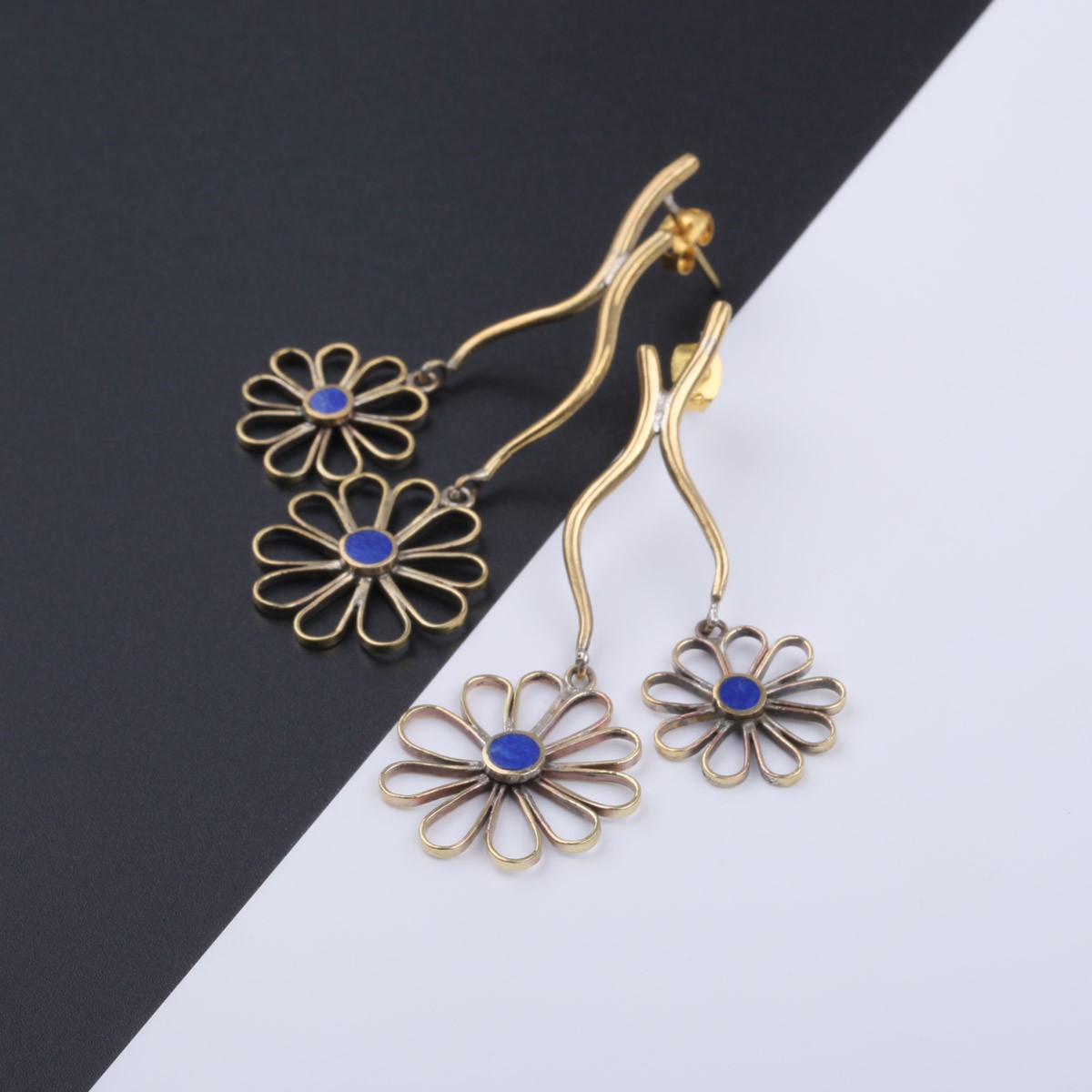 Flower Brass Earrings | Lapis Stone Earrings 3