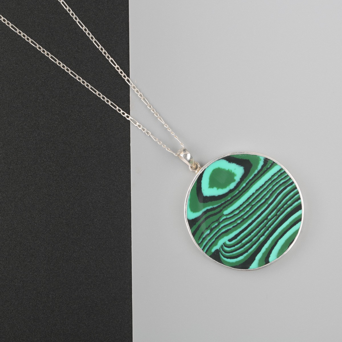 Malachite Stone Circle Necklace | Silver Drop Pendant 1