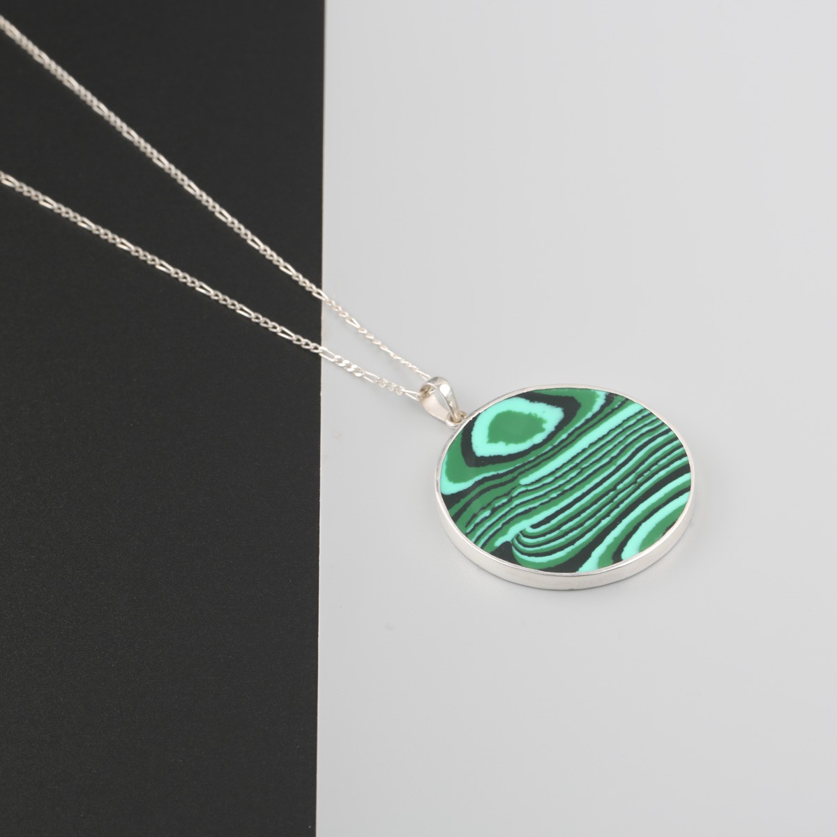 Malachite Stone Circle Necklace | Silver Drop Pendant 2