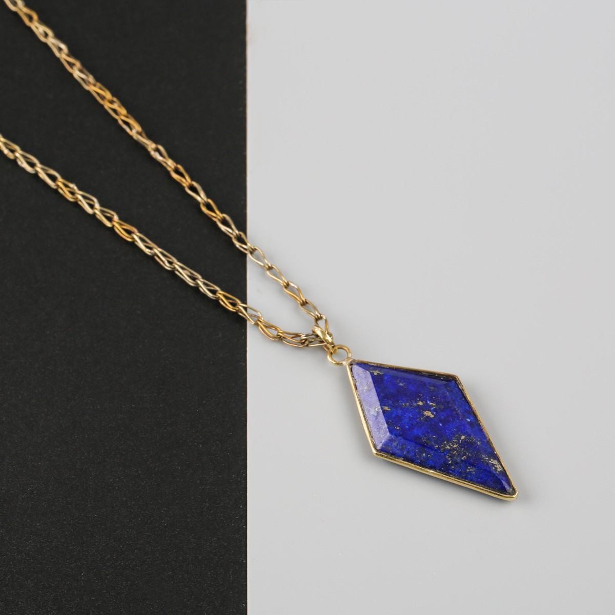 Rhombus Denim Lapis Necklace | Marquise Brass 2