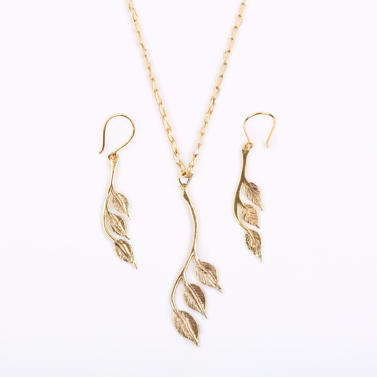 Gold Plated Pendant & Earrings | Brass Leaf Design Necklace & Earrings 1