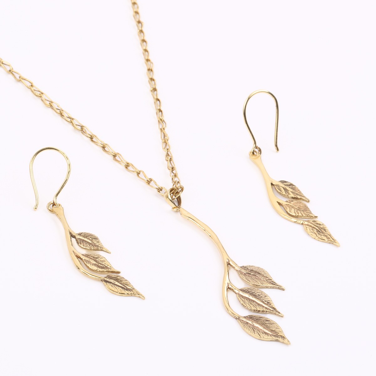 Gold Plated Pendant & Earrings | Brass Leaf Design Necklace & Earrings 2
