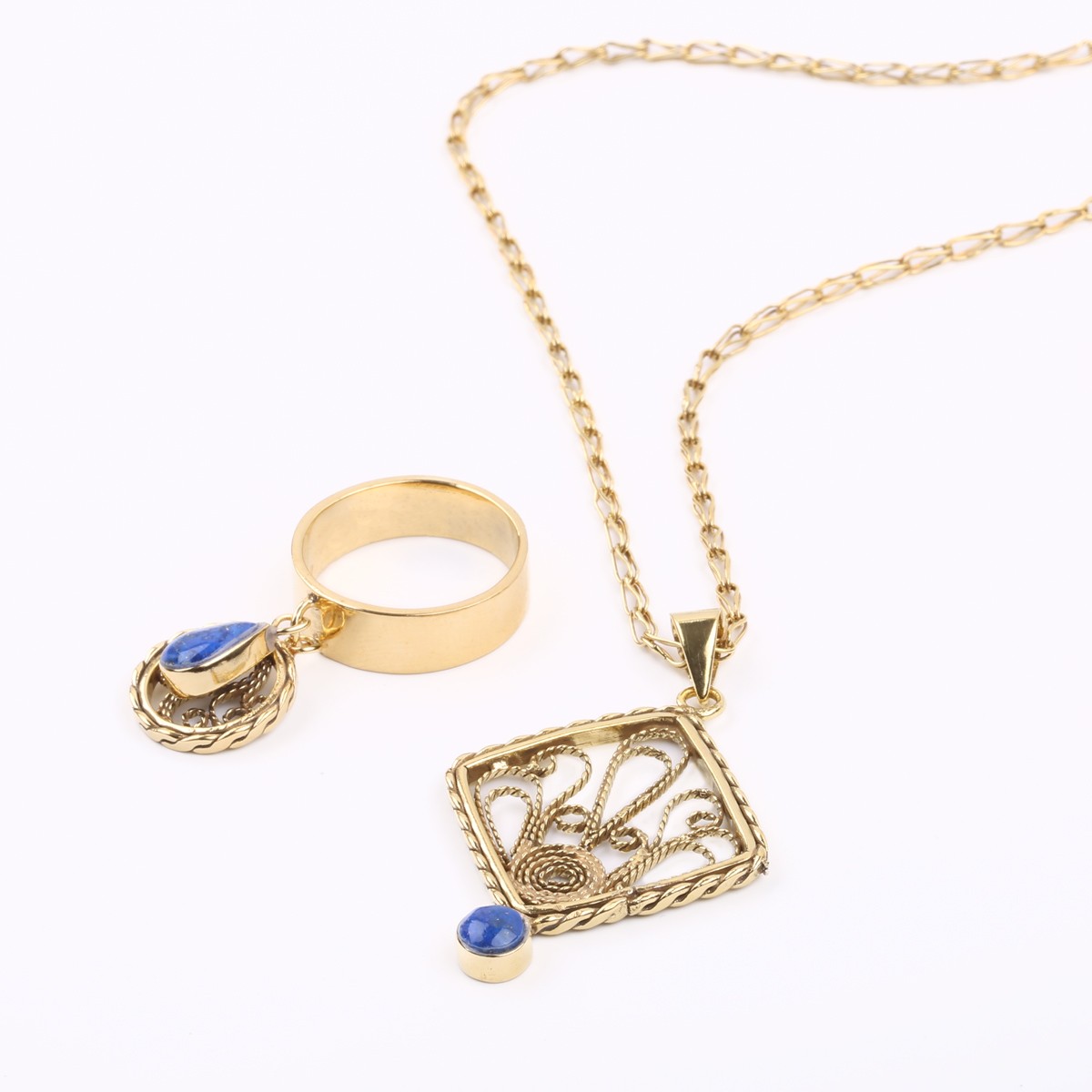 Lapis Necklace & Ring | Gold Plated Brass Pendant & Ring 1