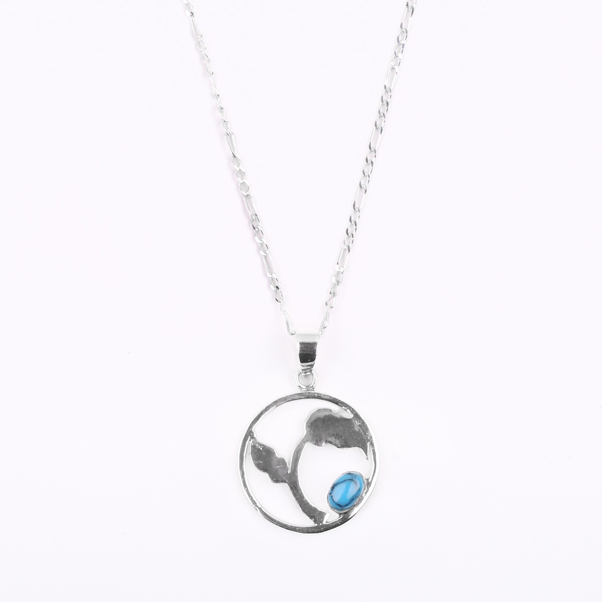 Turquoise Silver Necklace | Round Floral Design Pendant 1