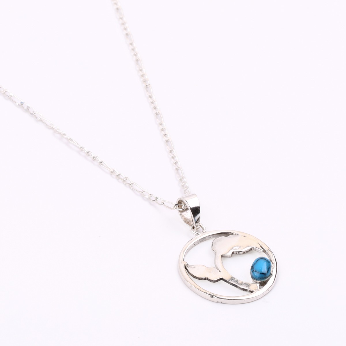 Turquoise Silver Necklace | Round Floral Design Pendant 2