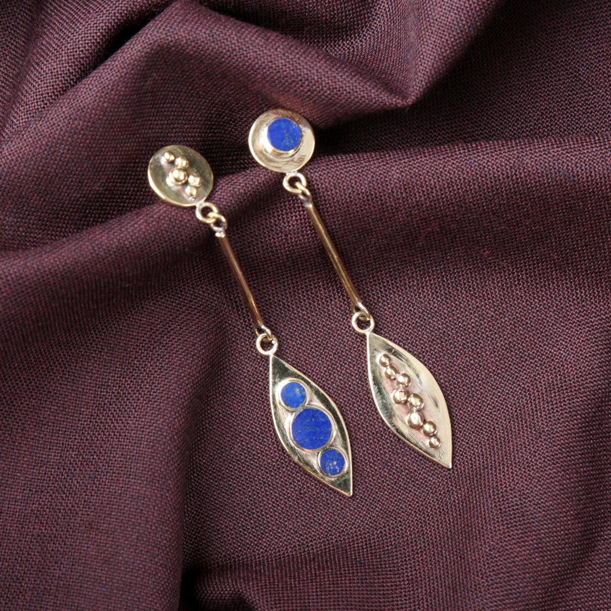 Lapis Lazuli Leaf Design Gold Plated Earrings | Brass Drop Shoulder Stud Earrings 1