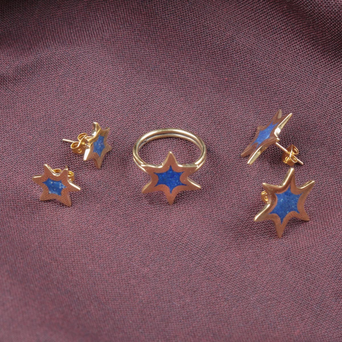 Lapis Lazuli Star Design Jewelry Set | Gold Plated Earrings & Ring  2