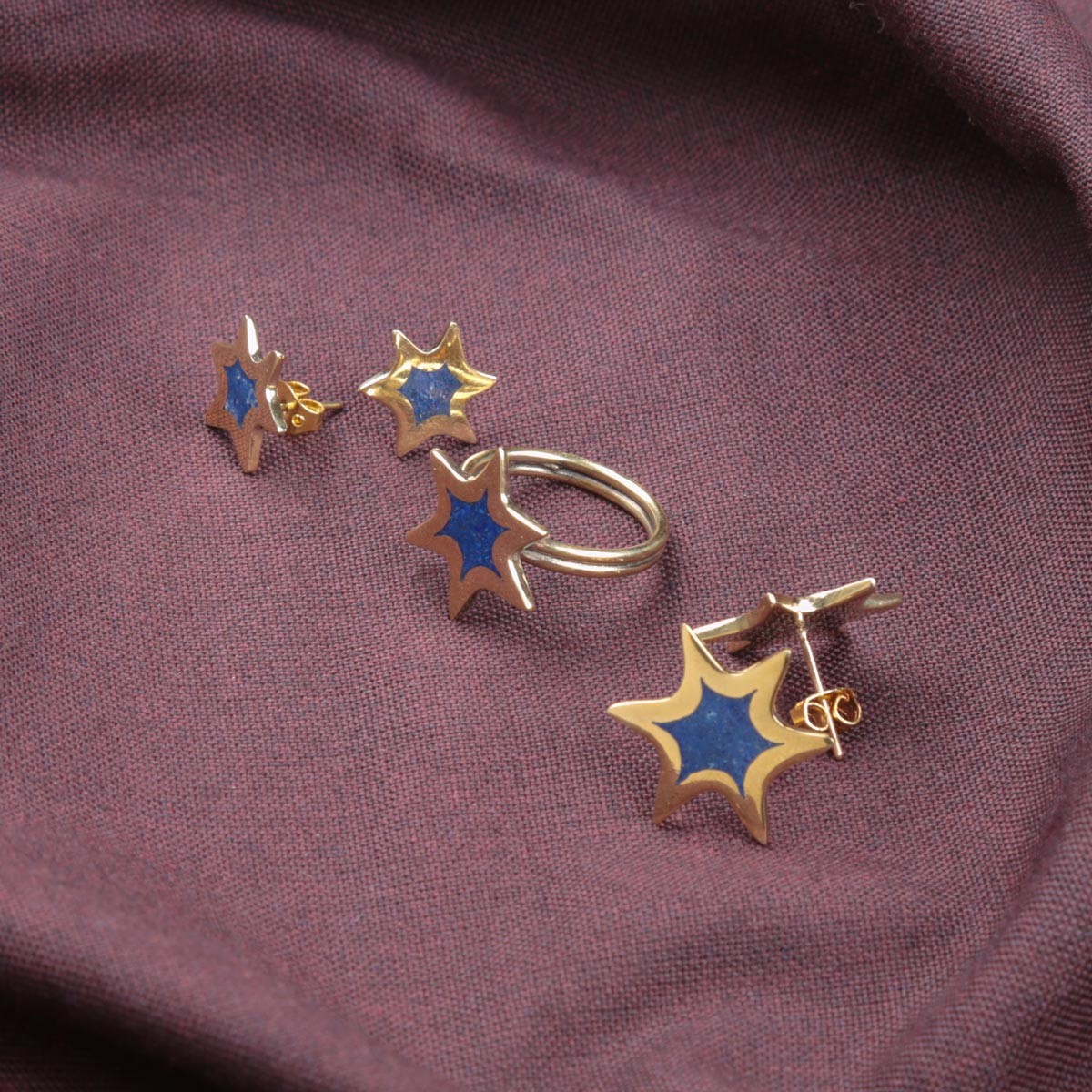 Lapis Lazuli Star Design Jewelry Set | Gold Plated Earrings & Ring  7