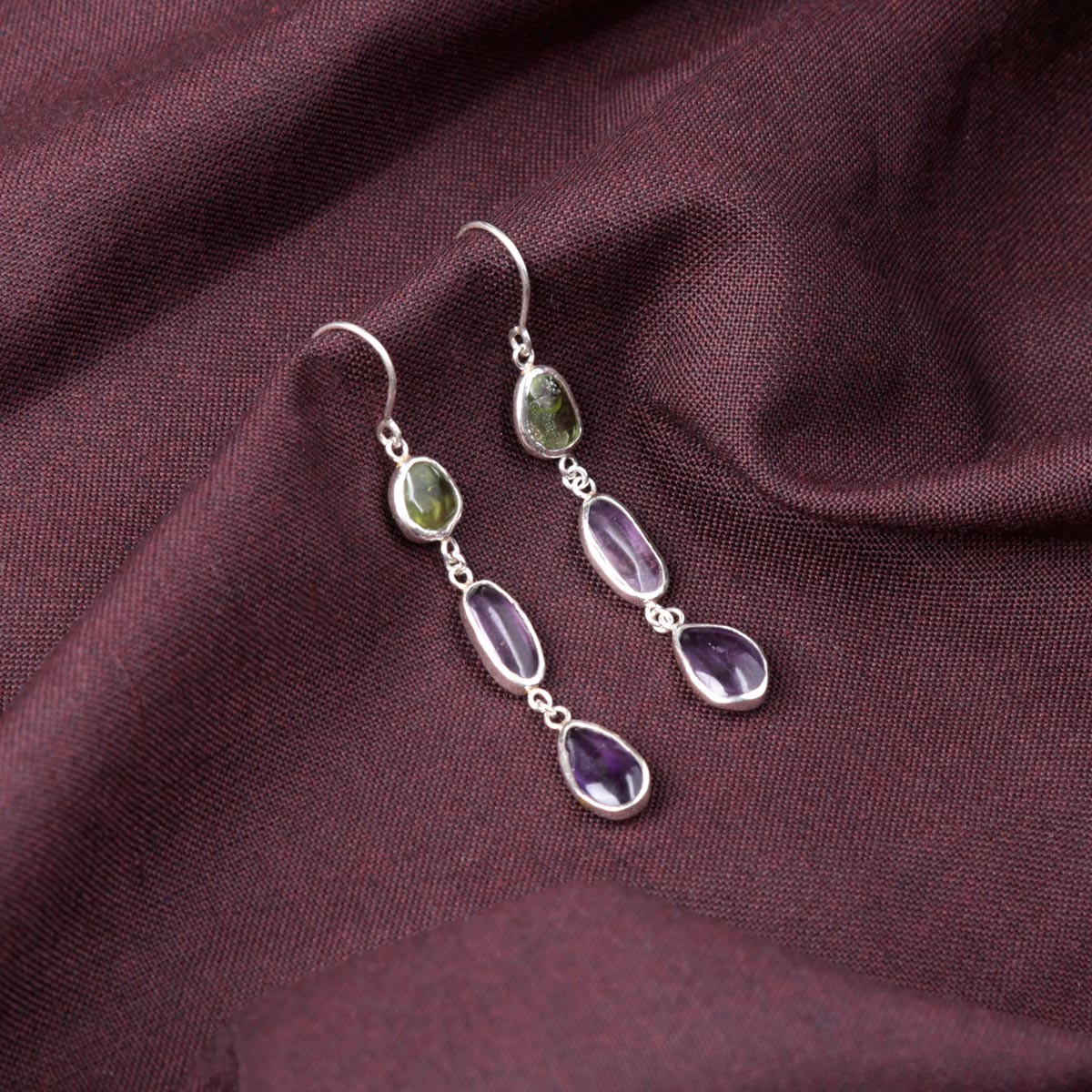 Two Stone Shoulder Earrings | Silver Drop Hook Earrings 2