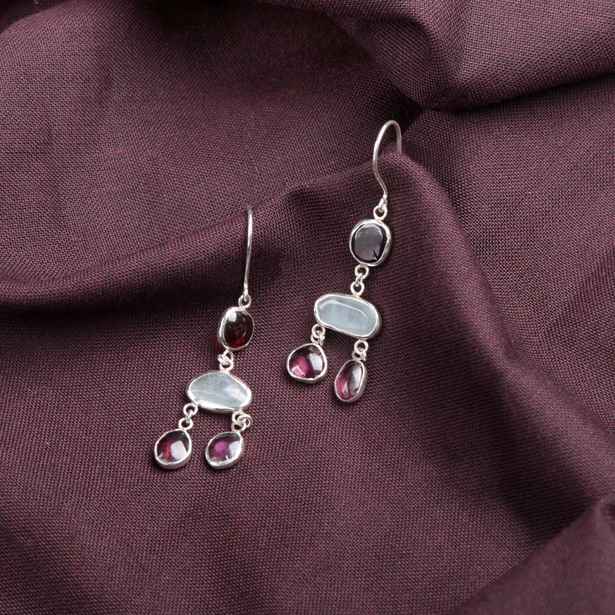 Aquamarine & Garnet Cluster Earrings | Silver Drop Dangle Earrings 2