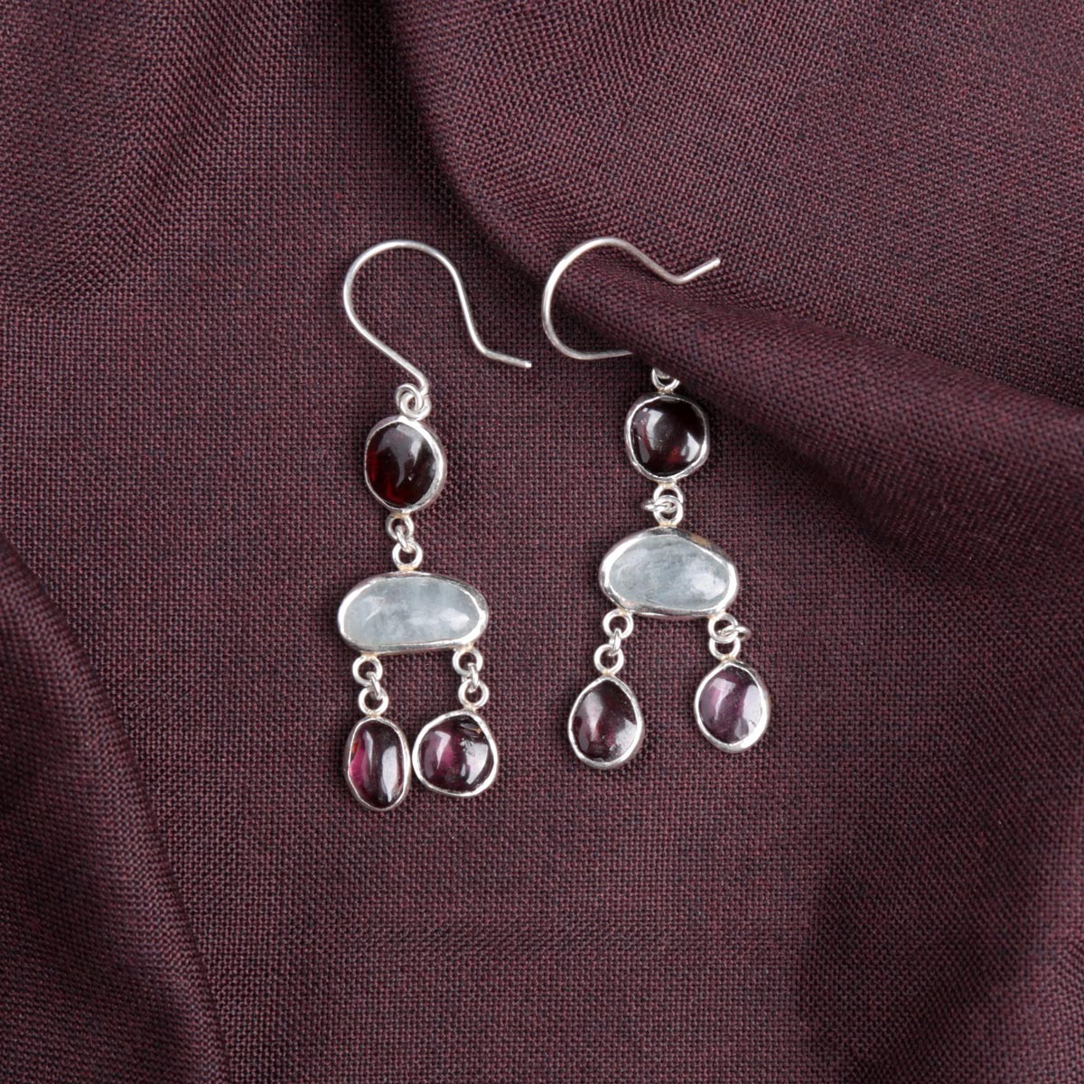 Aquamarine & Garnet Cluster Earrings | Silver Drop Dangle Earrings 1