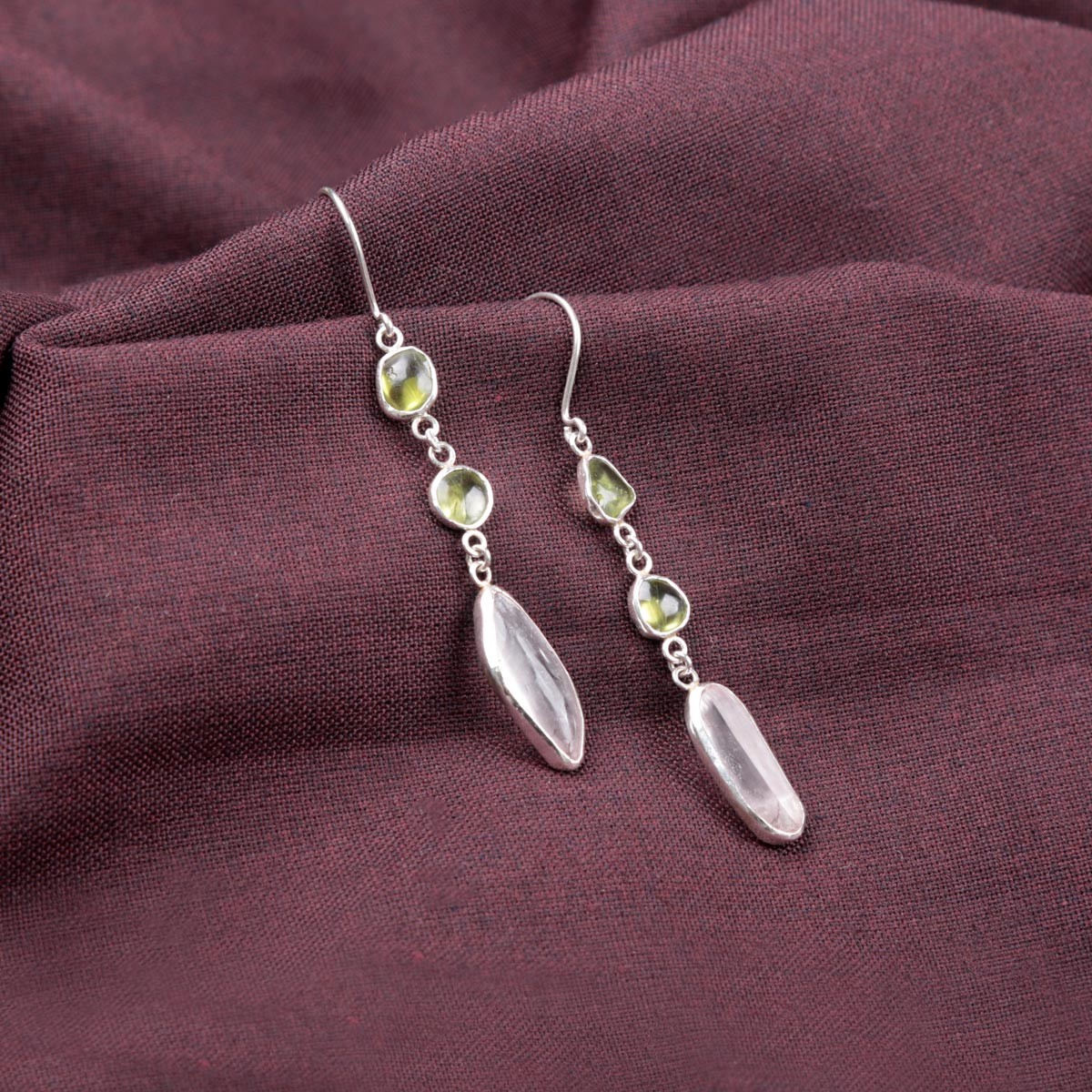 Peridot & Kunzite Dangle Earrings | Silver Shoulder Hook Earrings 2