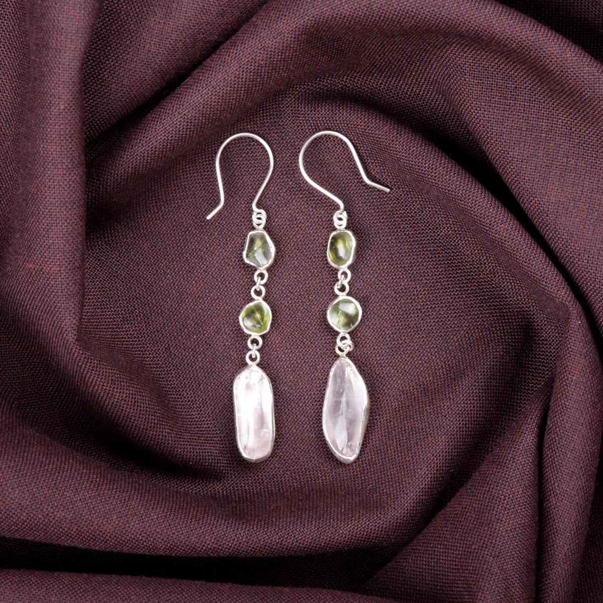 Peridot & Kunzite Dangle Earrings | Silver Shoulder Hook Earrings 1