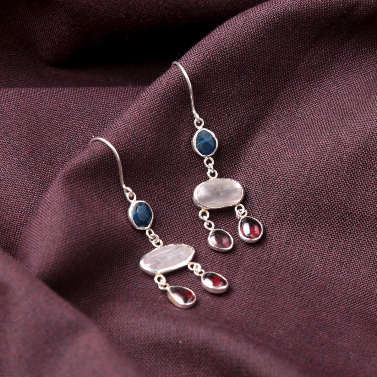 Kunzite & Garnet Cluster Hook Earrings | Silver Dangle Drop Earrings 1