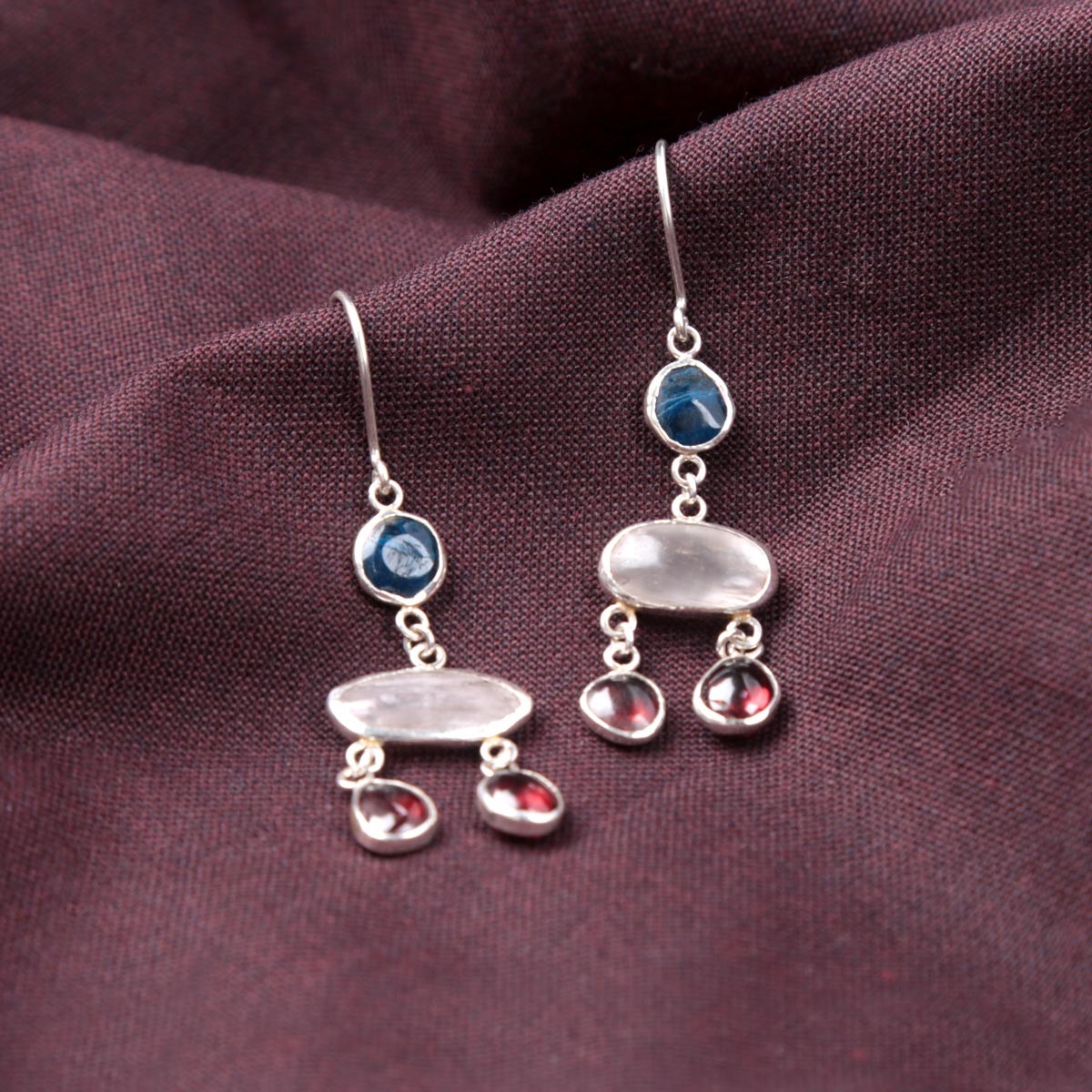 Kunzite & Garnet Cluster Hook Earrings | Silver Dangle Drop Earrings 2