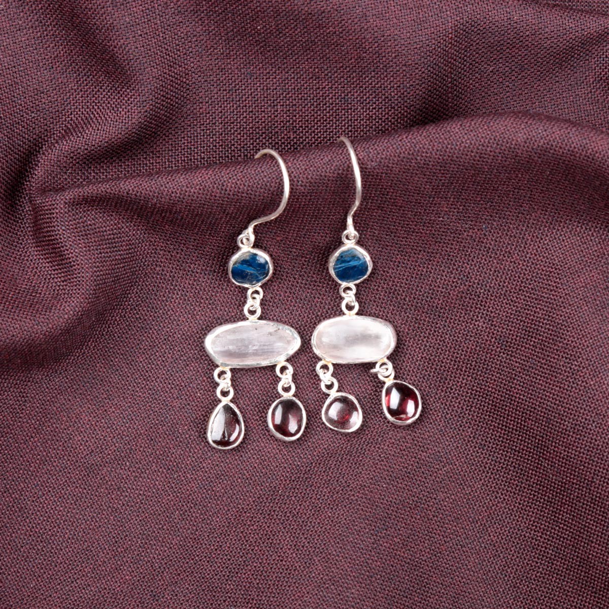 Kunzite & Garnet Cluster Hook Earrings | Silver Dangle Drop Earrings 3