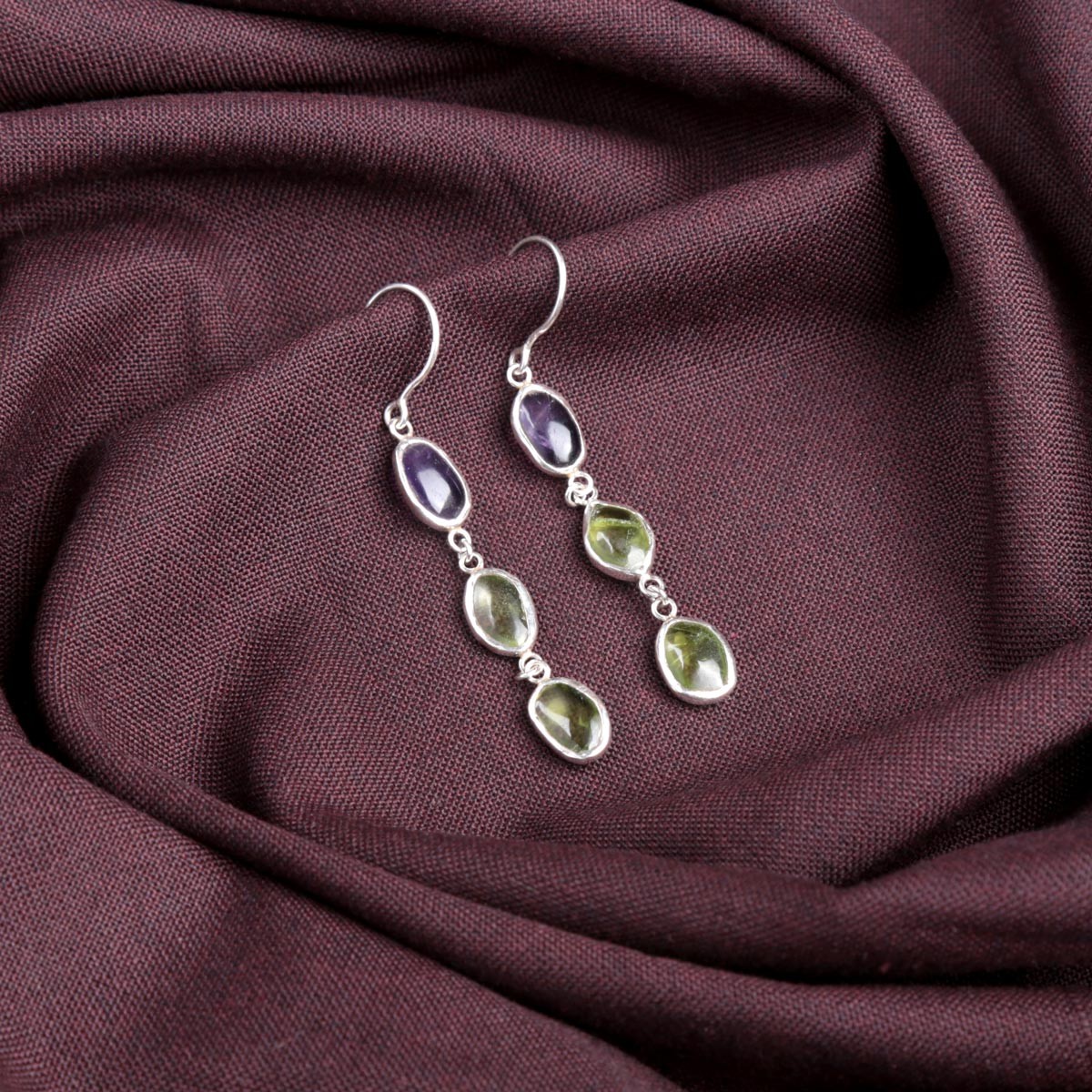 Amethyst & Peridot Stone Dangle Drop Earrings | Silver Shoulder Earrings 2
