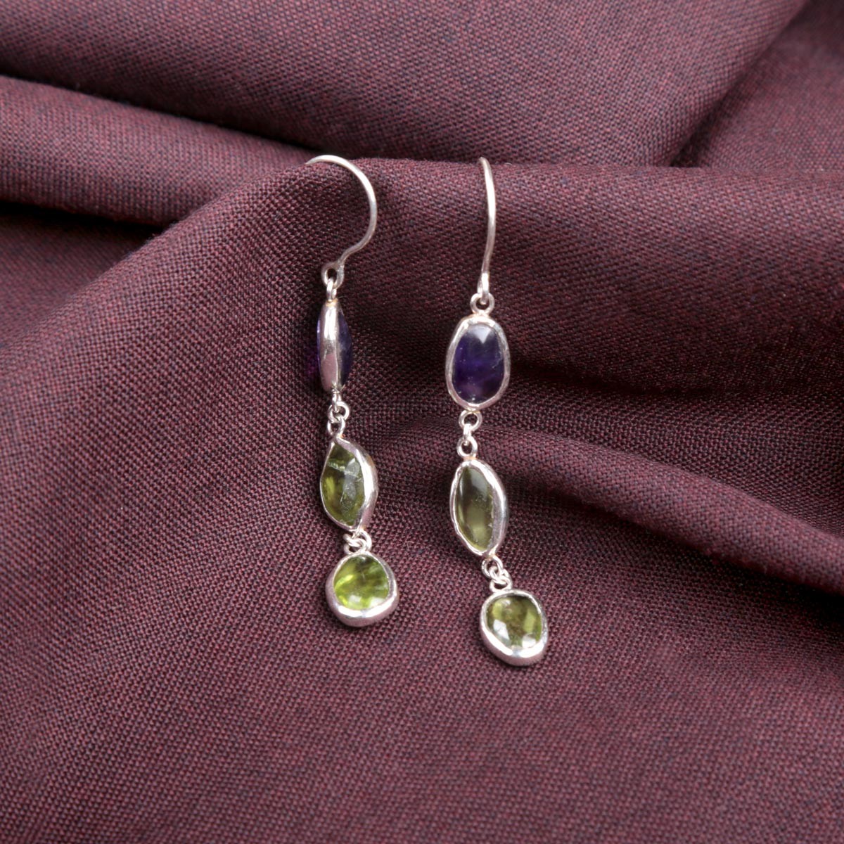 Amethyst & Peridot Stone Dangle Drop Earrings | Silver Shoulder Earrings 3