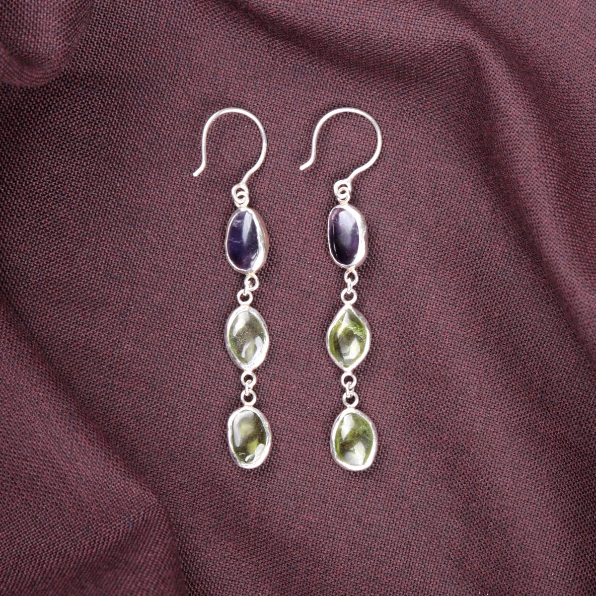 Amethyst & Peridot Stone Dangle Drop Earrings | Silver Shoulder Earrings 1