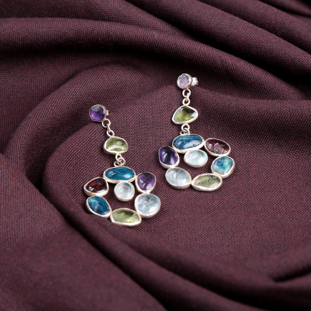 Multi-Stone Round Dangle Drop Earrings | Silver Drop Hook Earrings 2