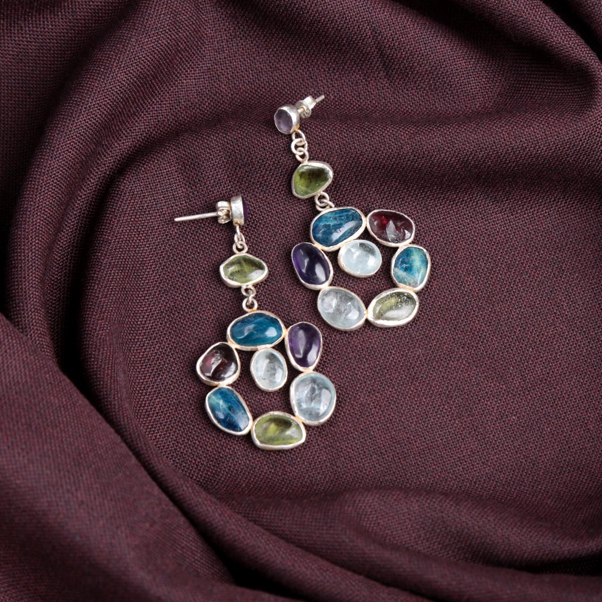 Multi-Stone Round Dangle Drop Earrings | Silver Drop Hook Earrings 1