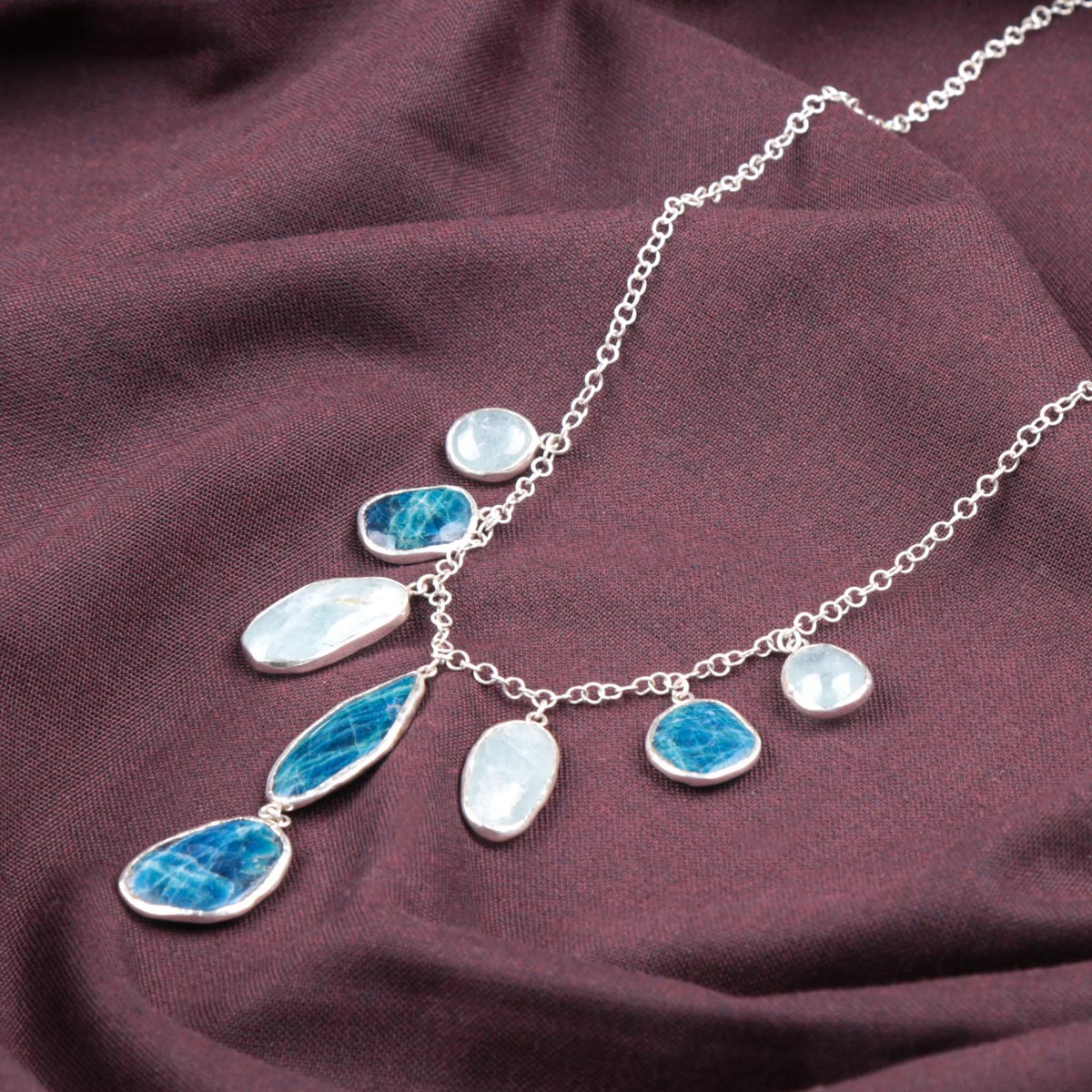 Afghanite & Aquamarine Stone Charm Necklace | Silver Station Necklace 1
