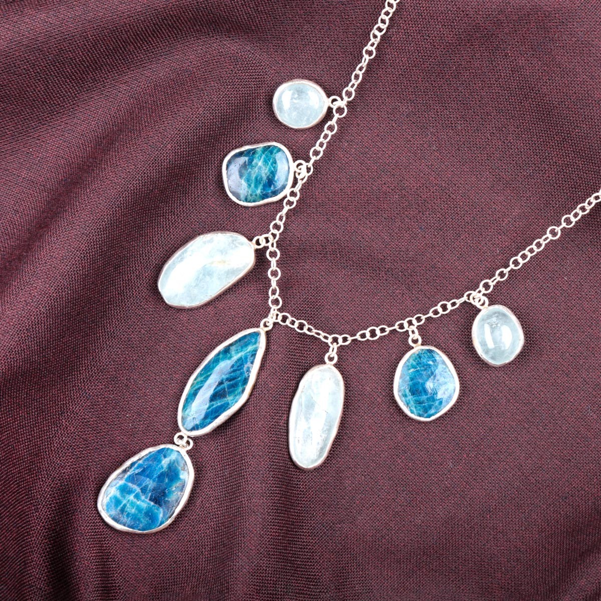 Afghanite & Aquamarine Stone Charm Necklace | Silver Station Necklace 2