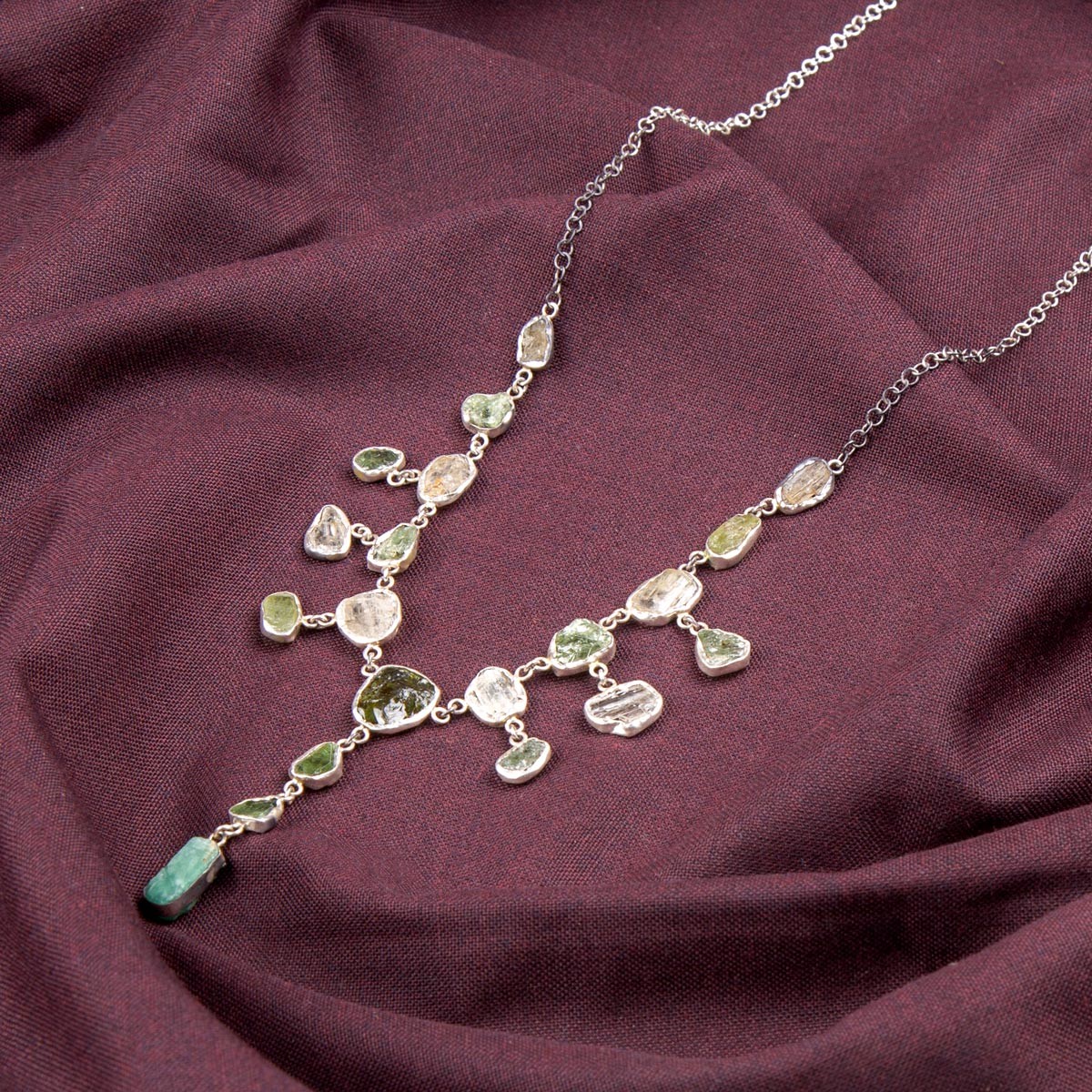 Three Stone Charm Necklace | Multi-Stone Silver Festoon Necklace 1