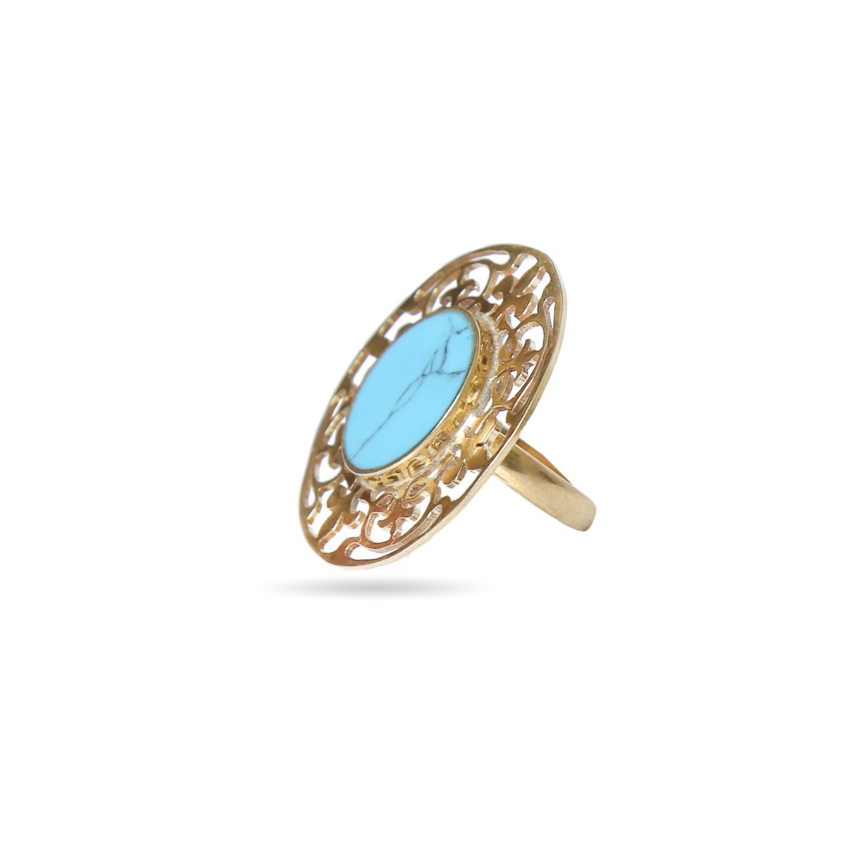 Blue Turquoise Stone Ring | Gold Plated Round Engraved Ring 1
