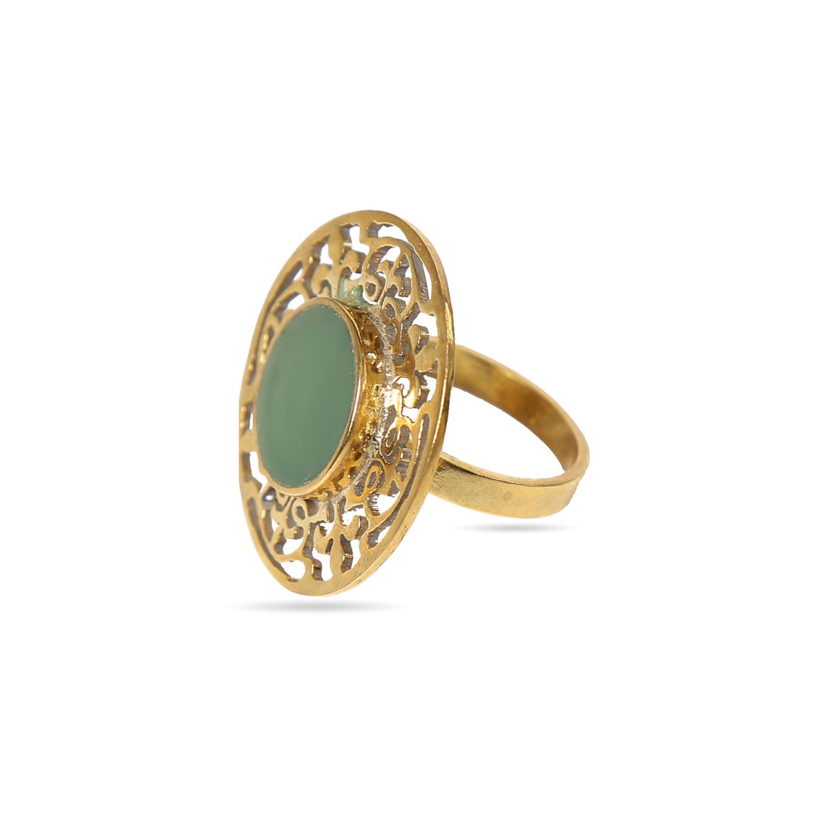 Moss Agate Stone Round Ring | Gold Plated Engraved Ring 1