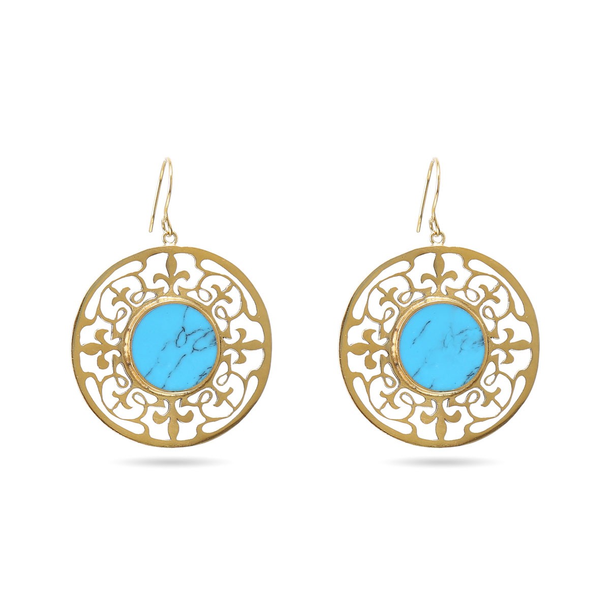 Blue Turquoise Brass Earrings | Gold Plated Round Hook Earrings 1