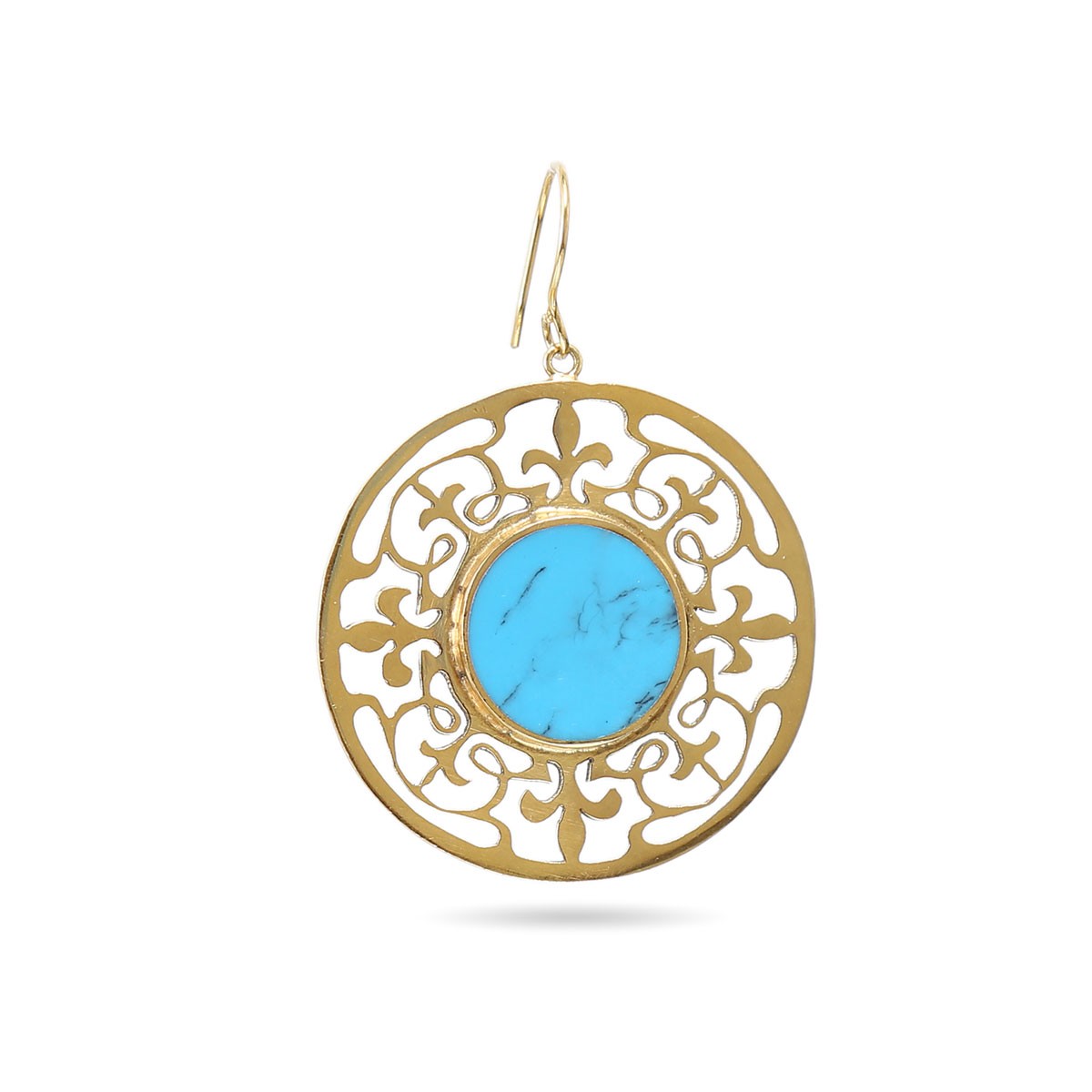 Blue Turquoise Brass Earrings | Gold Plated Round Hook Earrings 2