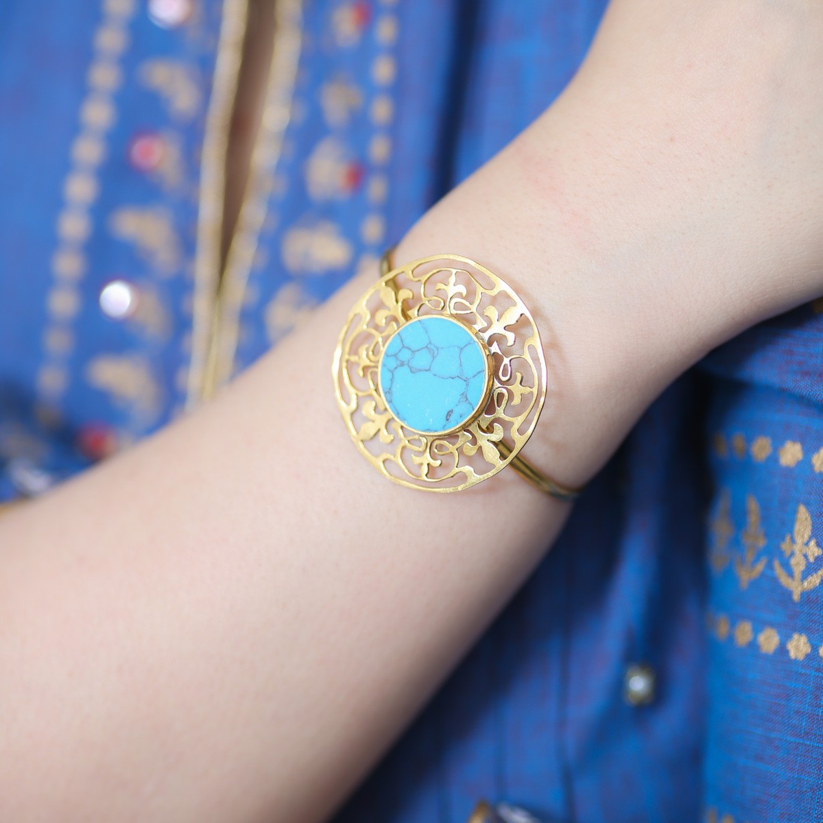 Blue Turquoise Stone Brass Bracelet | Gold Plated Cuff Bangle Bracelet 3