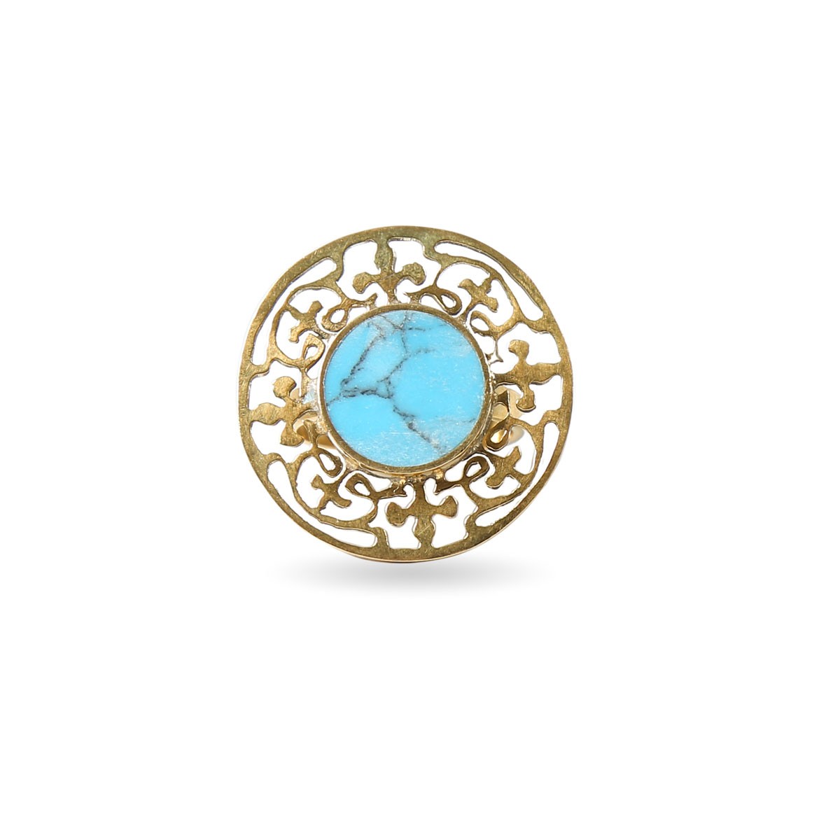Blue Turquoise Brass Ring | Gold Plated Round Ring 2