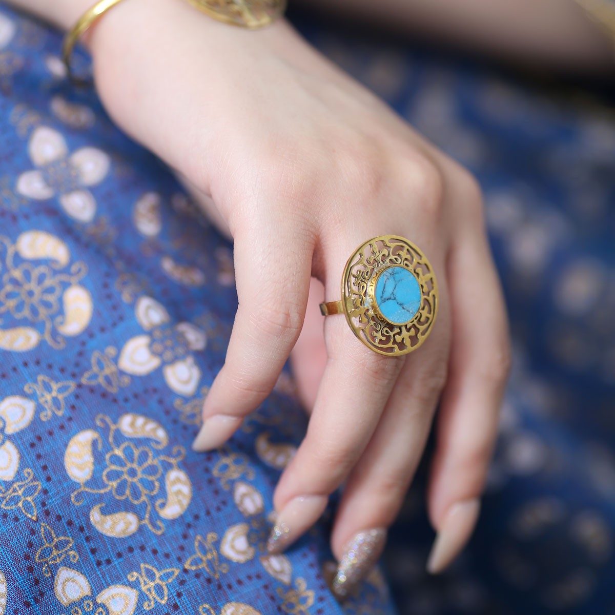 Blue Turquoise Brass Ring | Gold Plated Round Ring 3